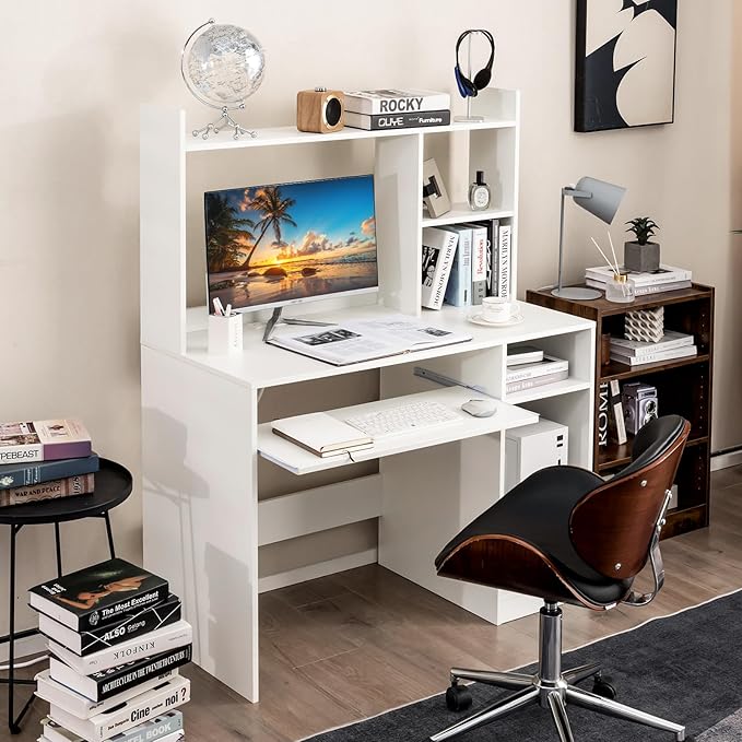 Computer Desk with Hutch and Power Outlet 43.5 x 20.5 x 54 Home Office Desks Wooden Desk with Shelves Keyboard Tray &amp CPU Stand Modern Writing Study Table Workstation (White)