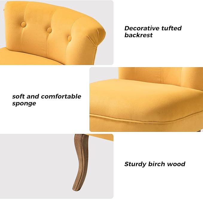 HULALA HOME Velvet Vanity Chairs with Low Back Modern Vanity Stool with Solid Wood Legs Small Upholstered Makeup Chair for Bedroom Living Room Dressing Women Girls Set of 2 Mustard