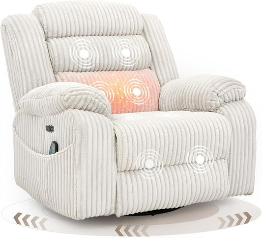 Power Swivel Rocker Recliner Chair for Adults with Massage and Heat USB and Type-C Charging Port Infinite Position Electric Glider Rocking Chairs for Living Room Nursery Pale Grey