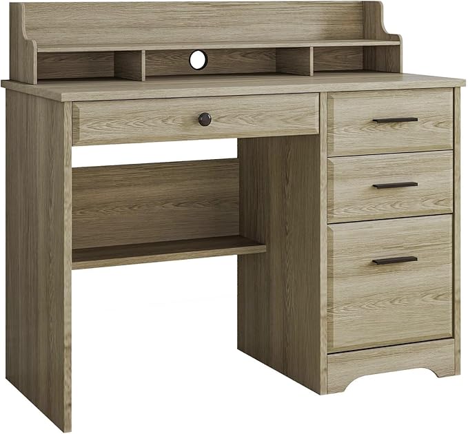4 EVER WINNER Computer Desk with Drawers Small Desk with Monitor Stand and File Drawer Wood Desk with Storage Writing Desk for Bedroom Home Offic Grey
