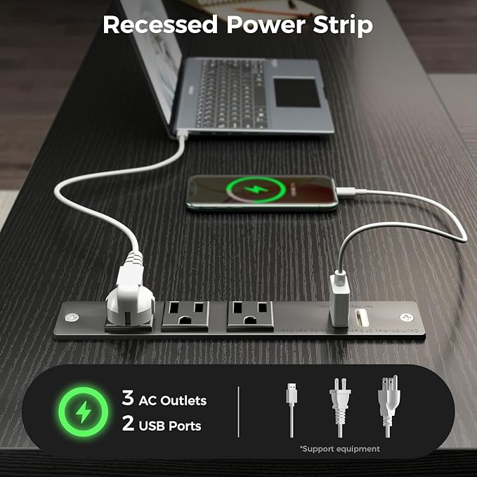 AODK 61 L Shaped Desk with Drawer Computer Desk with Power Outlets &amp LED Lights Reversible Corner Gaming Desk for Home Office Workstation Office Desk with Monitor Shelf Pure Black