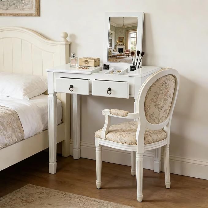 PADMA HOUSE Flip Top Wood Makeup Vanity Desk with Mirror Small Dressing Table with Two Drawers Flip-up Wooden Writing Desk Secretary Table in White for Bedroom Living Room