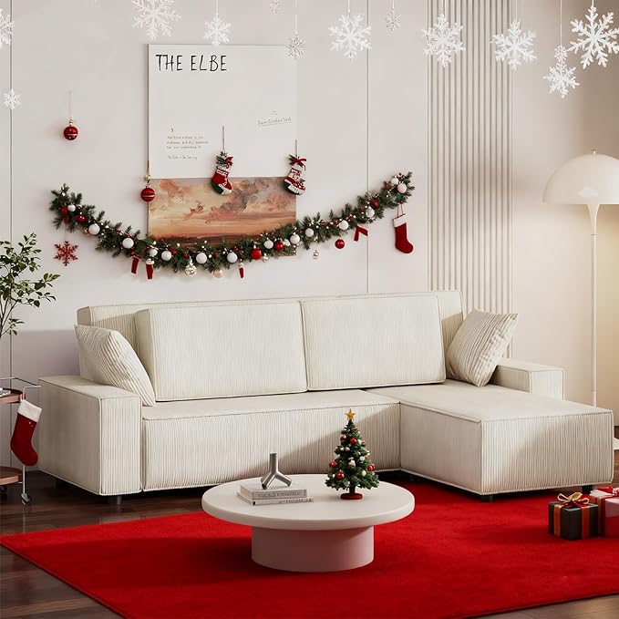 GAOMON Fine Stripe Corduroy Sectional Sofa l Shaped Modern Corduroy Couch Comfy Sofa Couch with Deep Chaise for Living Room Apartment Hotel 96 w*61 d*32 h Beige