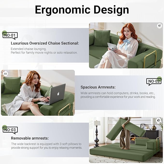 79 Inch Convertible Folding Sleeper Sofa Bed Modern Corduroy Futon Sofa Fold Out Couch Bed with Metal Fixed Frame Modular Comfy Boneless Couches Floor Sofas for Living Room Olive Green