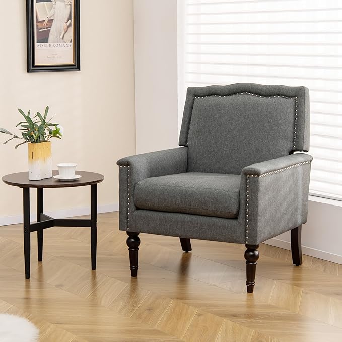 Giantex Mid-Century Modern Accent Chair Grey Linen Fabric Upholstered Armchair w/Rubber Wood Legs Nailhead Trim Max Load 440 Lbs Comfy Single Sofa Side Chair for Living Room Bedroom