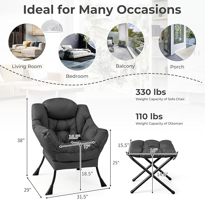KOMFOTT Lazy Chair with Ottoman Leisure Upholstered Reading Sofa Chair with Armrests &amp Side Pocket Modern Lounge Accent Chair with Folding Footrest for Living Room Bedroom Balcony Grey