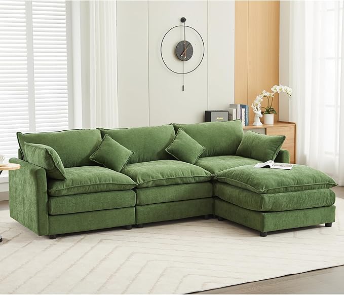 kevinplus 101'' Modular Sectional Sofa Couch L-Shaped with Convertible Ottoman for Living Room Modern Contemporary 3-Seat Fabric Sofa Couch Thick Cushion Green