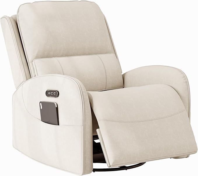 iPormis Power Recliner Chair for Adults Comfy Linen Fabric Swivel Rocking Recliner with Power Headrest/Lumbar Support/Charging Ports Electric Recliner Single Sofa Chairfor Living Room/Bedroom White