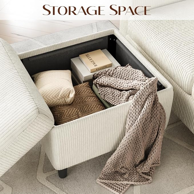 Convertible Sectional Couches for Living Room 3 Seats L Shaped Sofa with Storage Ottoman and 2 Cup Holders Modern Corduroy Couch Small Sofas for Small Space Apartment Office Beige