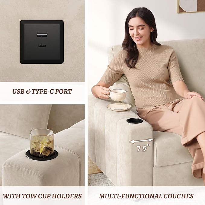 75 Inch Loveseat Sofa Velvet Fabric Couch with Storage Cup Holder Charging Ports Heightened Backrests Removable Cover Modern Comfy Couches Easy Assembly for Small Spaces Apartment