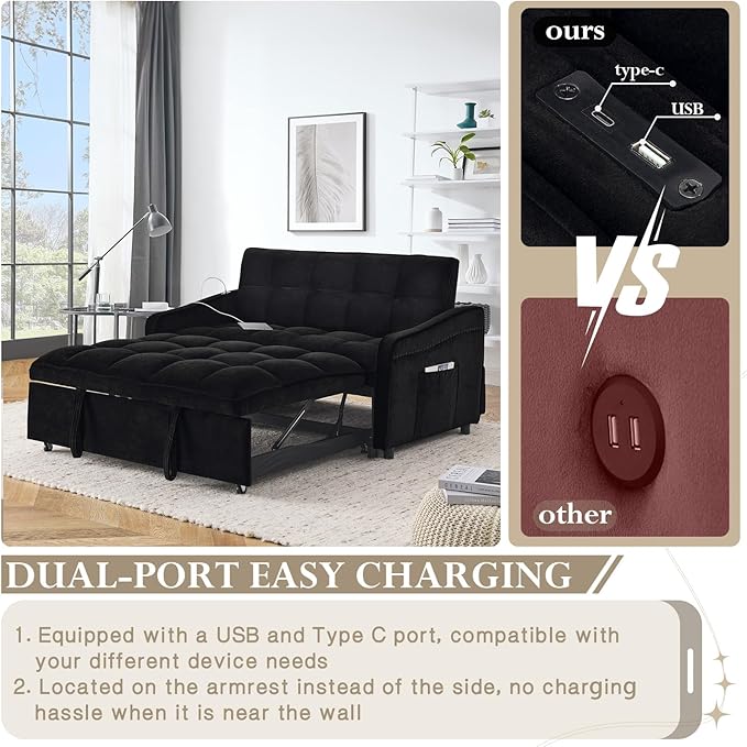Sleeper Sofa Couch with Type C USB Port 3 in 1 Modern Velvet Convertible Loveseat Sofa w/Pull Out Bed Curved Armrest for Small Space Livingroom Apartment Office Black