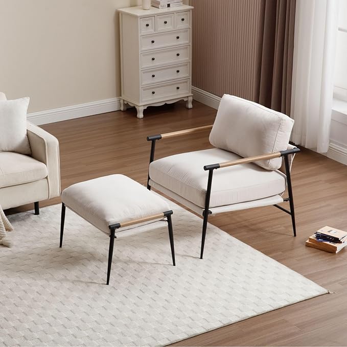 LukeAlon Upholstered Chenille Footstool Modern Ottoman Footrest Small Shoe Stool with Black Metal Legs Mid Century Vanity Stool with Wooden Armrests for Living Room Entrance Cushion Removable Beige