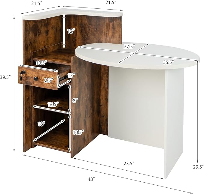 Reception Desk Front Desk Reception Counter with Oval Desktop Open Shelf &amp Lockable Drawer Small Retail Checkout Counter Table Wood Computer Workstation for Home Office Lobby &amp Salon
