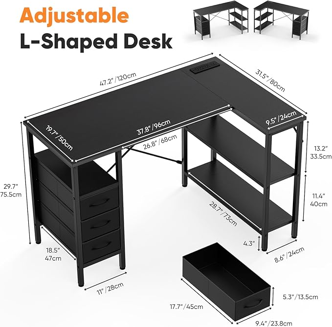 Simple Deluxe L Shaped Gaming Desk with Power Outlets 47 Inch Computer Desk with 3 Drawers Shelves Corner Computer Desk for Gaming Corner Work Home Office Study Black