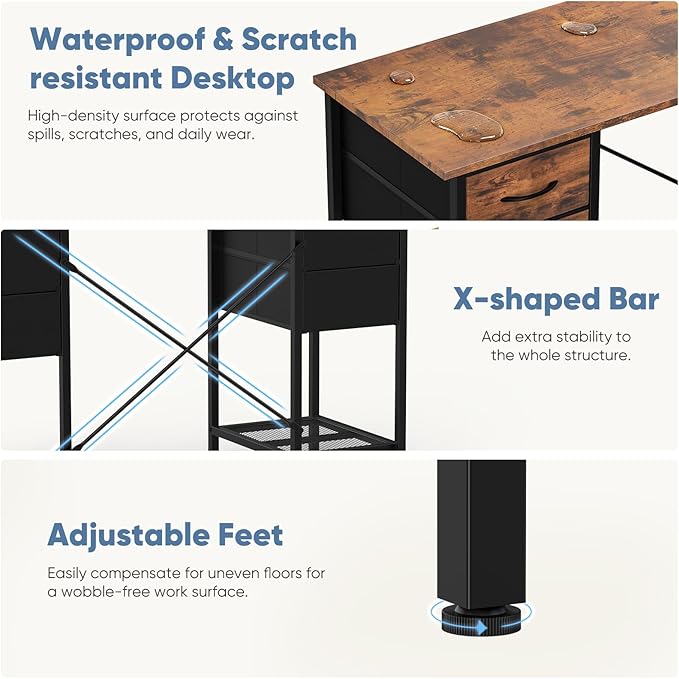 DUMOS Computer Desk 47 Inch with 4 Drawers Home Office Table with Mesh Shelf for Work Study Writing Gaming Storage Furniture for Bedroom Rustic Brown