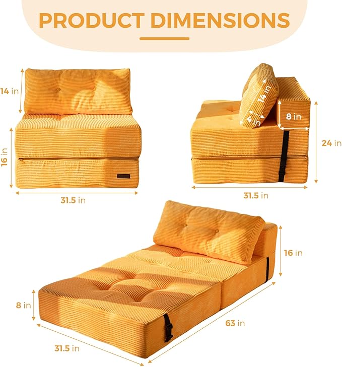 MAXYOYO Folding Sofa Bed Convertible Sofa Bed with High-Density Support Foam Portable 4 in 1 Fold Out Chair to Floor Lounger Versatile Floor Couch for Living Room Bedroom Orange