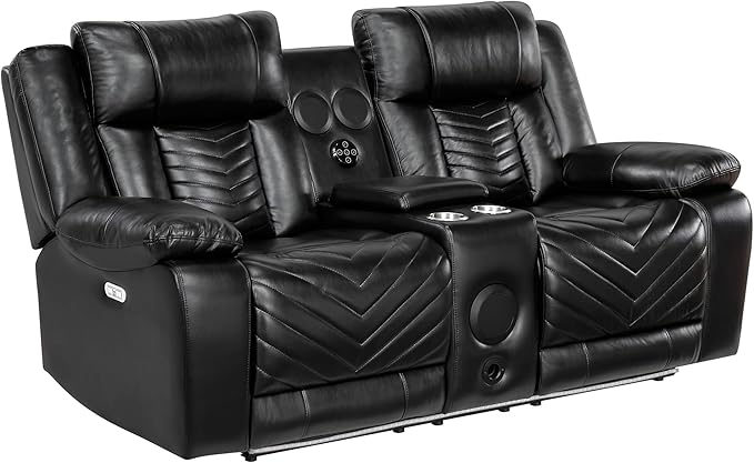 Lexicon Wall Hugger Power Double Reclining Loveseat with Console Faux Leather Home Theater Seating with LED Lighting Charging Ports Bluetooth Speaker Wireless Cup Holders Hidden Storage Black