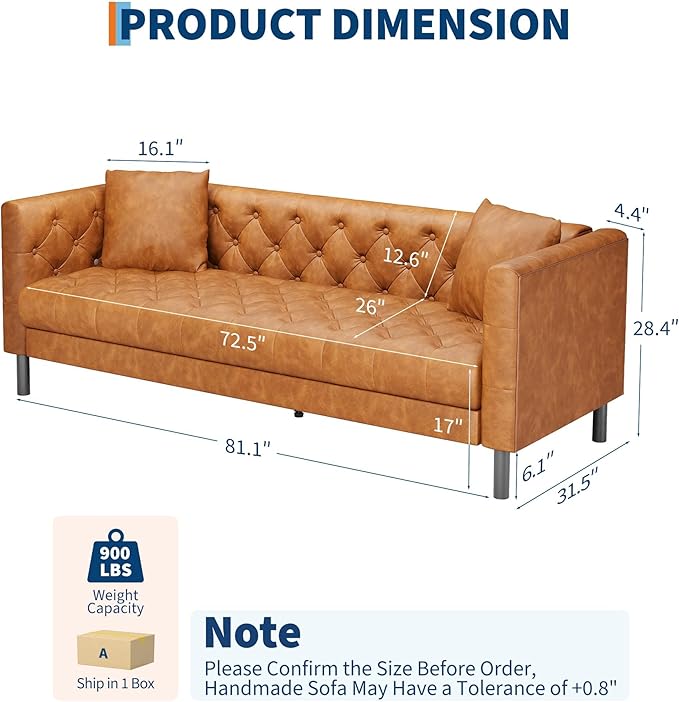 Mid Century Modern Leather Sofa 81 Inch Chesterfield Style 3 Seat Couch with Deep 26 Seats Button Tufted Upholstery Includes 2 Pillows for Living Room Apartment or Office Orange