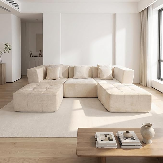 · REDEARTH · 5-Seater Modular Velvet Sectional Sofa No-Assembly U-Shaped Compressed Couch in a Box with Ottoman Boneless Modular System in Plush Velvet for Living Room (3-Seater + 2-Ottoman) Cream