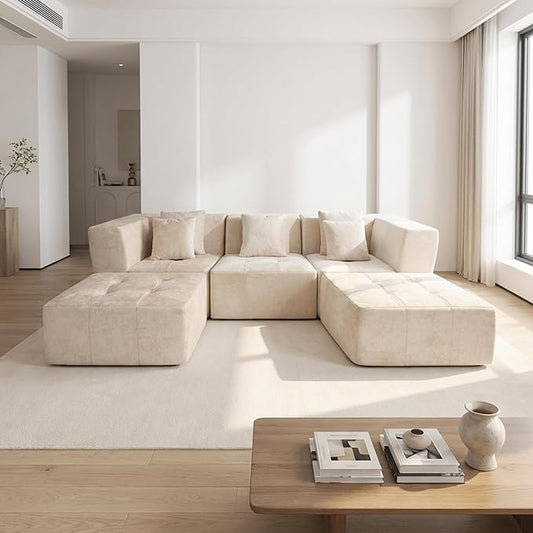 · REDEARTH · 5-Seater Modular Velvet Sectional Sofa No-Assembly U-Shaped Compressed Couch in a Box with Ottoman Boneless Modular System in Plush Velvet for Living Room (3-Seater + 2-Ottoman) Cream