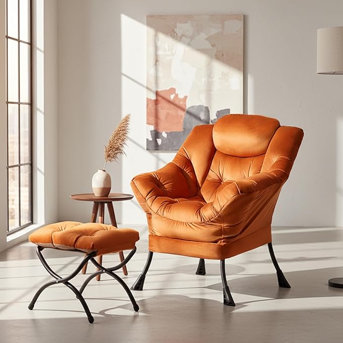 Tiita Lazy Chair with Ottoman Orange Modern Large Accent Armchair Comfy Leisure Sofa Reading Chair with Footrest for Bedroom Living Room Dorm Rooms Garden Velvet Orange