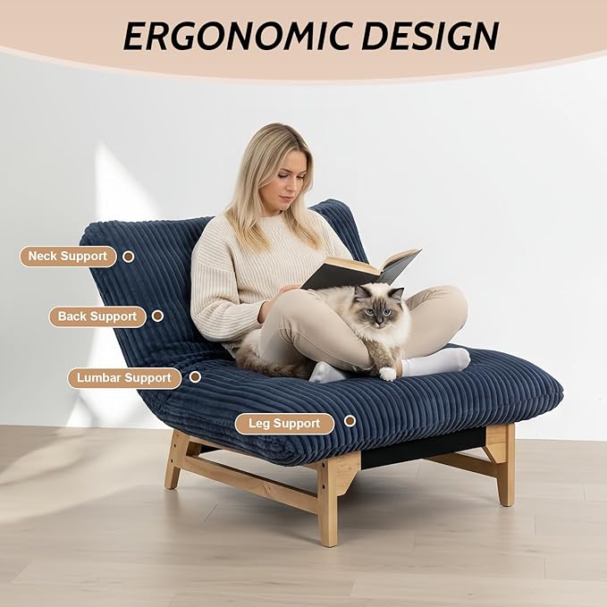 Oversized Cloud Chair with Solid Wood Base Corduroy Bean Bag Accent Chair for Adults Big Fluffy Shredded Foam Filled Reading Armchair for Bedroom Living RoomBlue