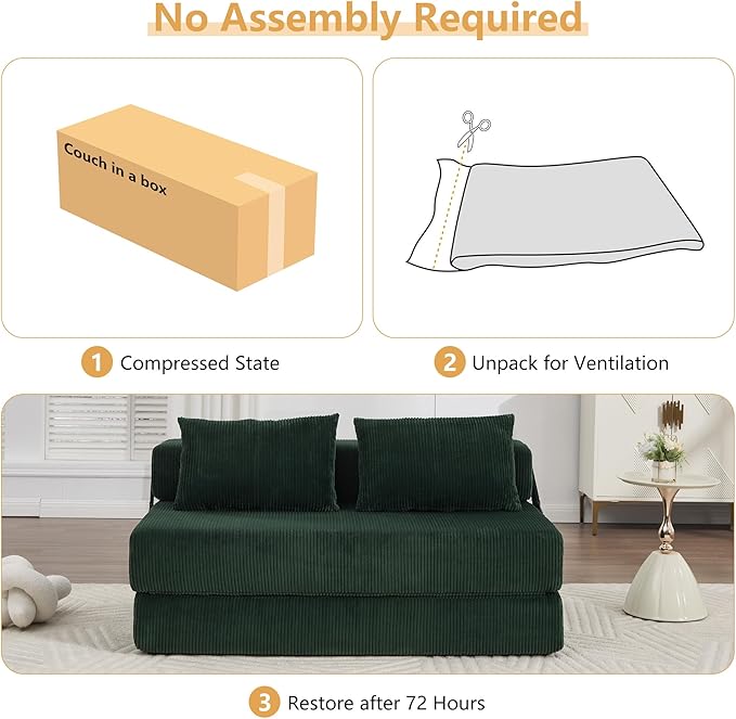 Folding Sofa Bed Full Size Convertible Sleeper Loveseat with 2 Pillows Corduroy Foldable Couch Bed Boneless Loveseat Couch for Living Room Apartment Small Spaces (Green)