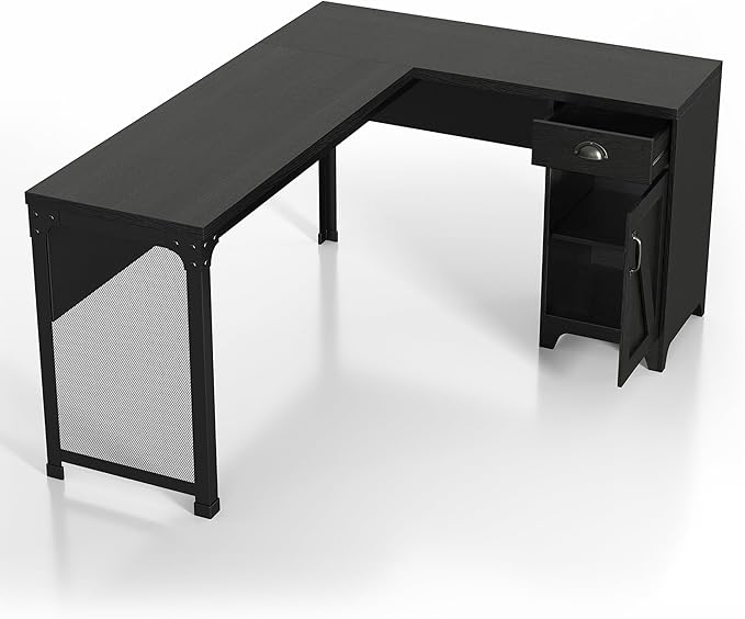 24/7 Shop at Home Holbrook Traditional 1 Drawer Wood L-Shaped Computer Desk with 2 Adjustable Shelves 1 Cabinet Door for Workstation Home Office Study Room Black