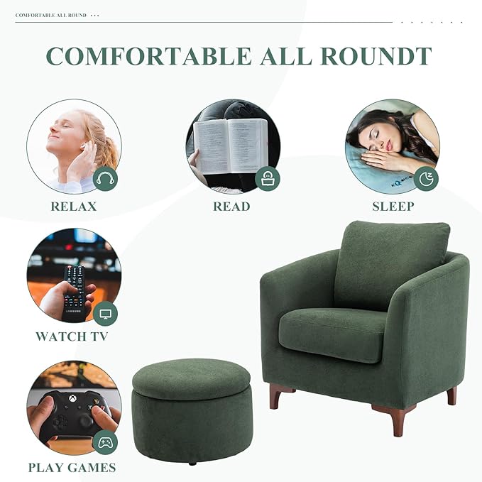COLAMY Sherpa Accent Chair with Storage Ottoman Set of 2 Upholstered Barrel Arm Chair with Footrest Modern Living Room Chair with Back Pillow Green