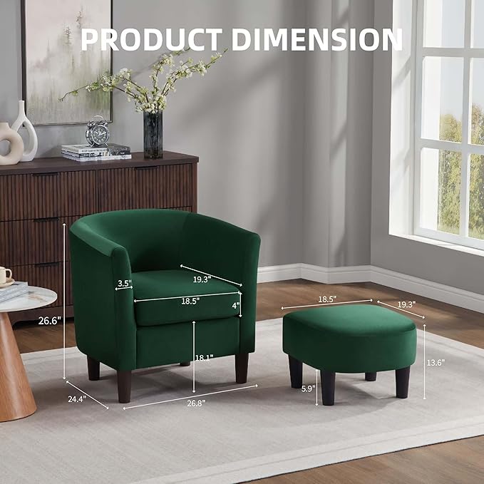 Green Swivel Accent Chair with Ottoman 360° Barrel Chairs with Foot Stool Comfy Reading Chair with Removable Pillow &amp 2 Armrest Covers for Living Room Small Spaces Bedroom (Dark Green)