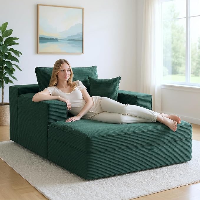 Monroe Convertible Chaise Lounge Chair Indoor – Oversized Corduroy Couch with Wide Armrest &amp Throw Pillows Cozy Boneless Sleeper Sofa Bed Armchair Dark Green