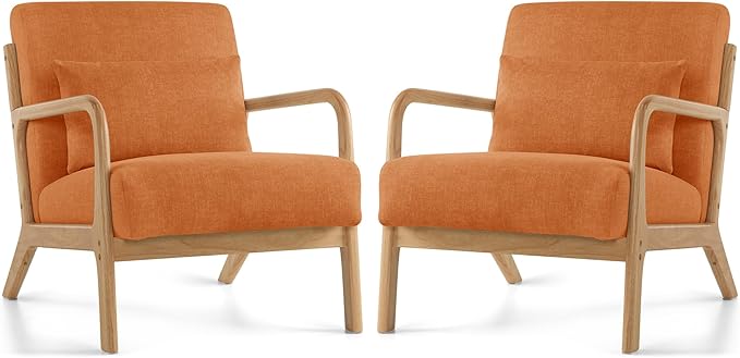 Mid Century Modern Accent Chair Set of 2 Upholstered Chair for Living Room Accent Chair with Lumbar Pillow Solid Wood Frame Reading Chair Armchair for Bedroom Small Spaces Orange