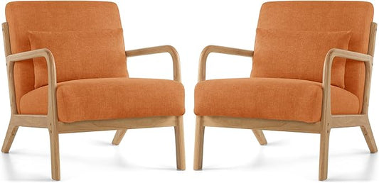 Mid Century Modern Accent Chair Set of 2 Upholstered Chair for Living Room Accent Chair with Lumbar Pillow Solid Wood Frame Reading Chair Armchair for Bedroom Small Spaces Orange