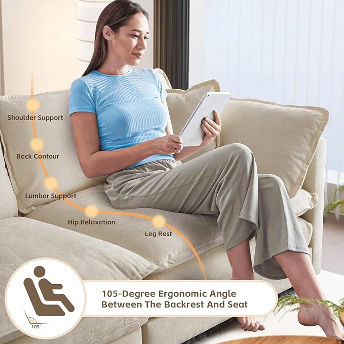 SoarFlash Chenille Sectional Sofa Comfy Modular Coush Sofa with Ottoman Modern 3 Seat Recliner Deep Seat Sofa Set for Living RoomLight Coffee