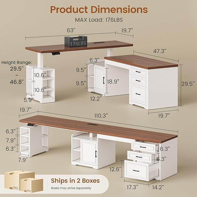 SEDETA Farmhouse L Shaped Electric Standing Desk 63 x 67 Height Adjustable Home Office Executive Desk with Drawers and Shelves Standing Computer Desks with Power Outlet for Home Office White