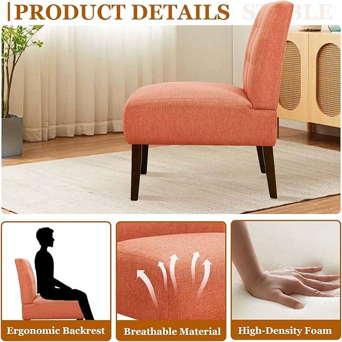 Modern Accent Chair for Living Room Upholstered Armless Slipper Chair with Back &amp Wood Legs Comfy Small Chair for Bedroom Living Room Reading Spaces Office (Orange2)
