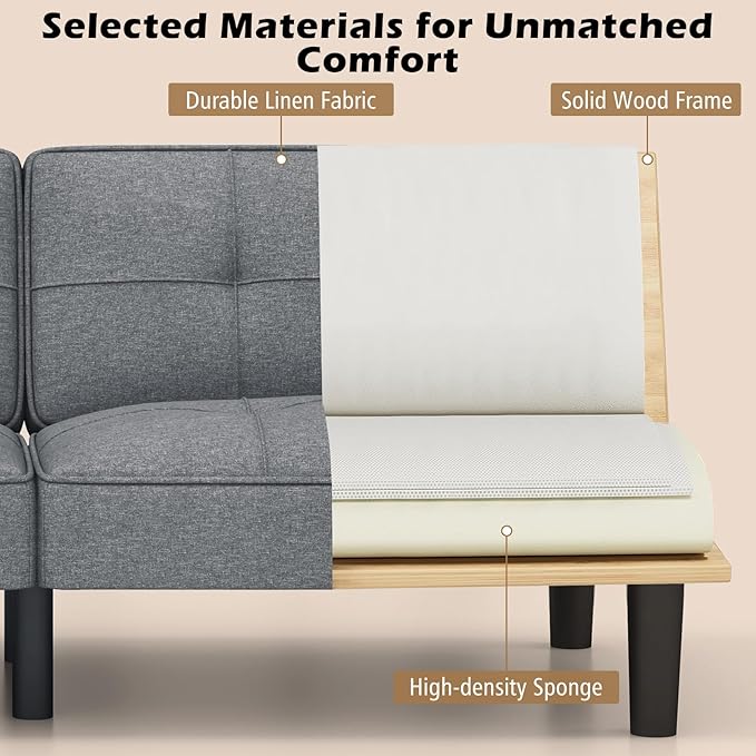 KOMFOTT Convertible Futon Sofa Bed Upholstered Folding Linen Sleeper Couch with 6-Position Adjustable Backrest Thick Cushion Adjustable Recliner Couch Bed Loveseat for Living Room Small Spaces