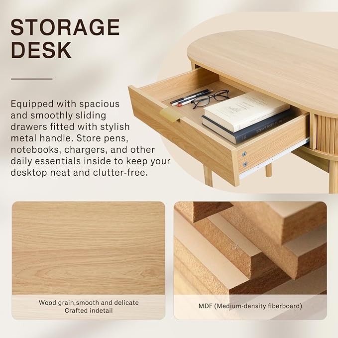 Oval Wood Desk with Drawer39.37 Inch Small Study Work Writing Desk Computer Gaming TableStudent PC Storage MDF Desk for Home Office Bedroom Living Room(Light Oak Color)