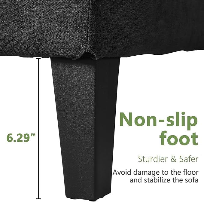 Convertible Sectional Sofa Couch for Living Room L-Shaped Couch 3 Seats Sofas Movable Ottoman Small Sofa Mid Century for Small Apartments Space Living Room and Office (Linen Fabric Black)