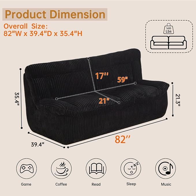 82'' Boneless Corduroy Loveseat Sofa for Living Room Oversized Cloud 2-Seater Couch with Deep Seat Black Corduroy Couches Compressed Sofa in a Box for Living RoomNo Assembly Couch