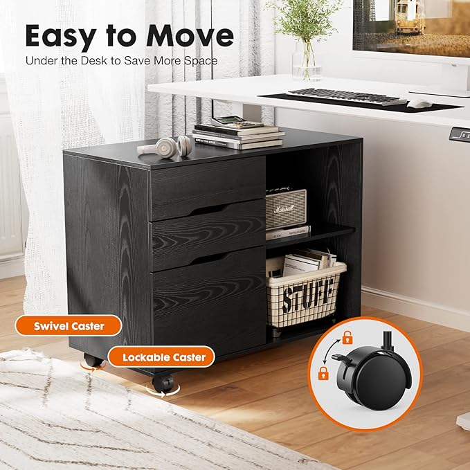 File Cabinet with 3 Drawers Mobile Lateral Filing Cabinet with Open Storage Shelves for Home Office Under Desk Storage Black