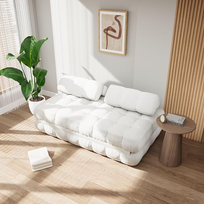 3-in-1 Convertible Sofa Bed 59.1 Folding Loveseat Sleeper Chair with Pillows Portable Fold Out Boneless Couch Lounge Comfy Velvet Floor Mattress for Living Room Bedroom - White Full