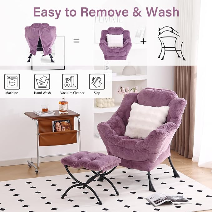 Lazy Chair with Ottoman Large Purple Accent Chair with Ottoman and FA Throw Pillow Comfy Plush Reading Chair for Living Room Bedroom Dorm Room Office Apartment Relaxing Use
