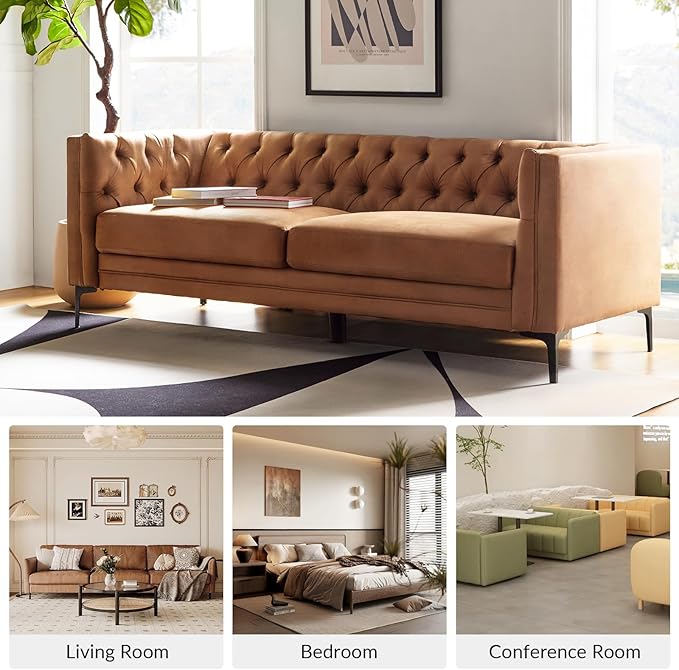 HULALA HOME 84 W Faux Leather Sofa Couch with Metal Legs Button-Tufted 3-Seater Sofa Mid Century Modern Upholstered Couch for Living Room Entertainment Area ApartmentCamel