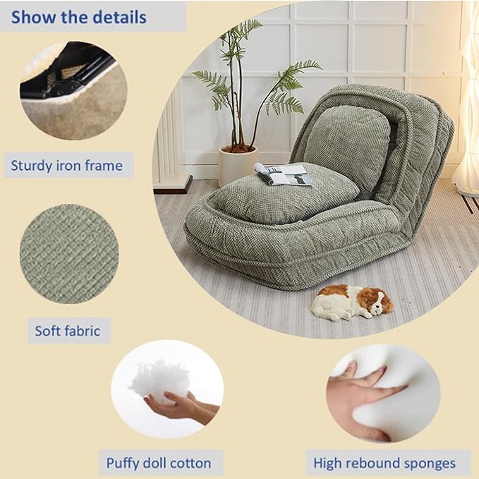 Foldable Lazy Sofa Bed Floor Chair Upholstered Human Dog Bed with 5 Adjustable Position Comfy Tatami Lounge Chair with 2 Pillows Lazy Sofa for Bedroom Living Room Reading (Green 1)