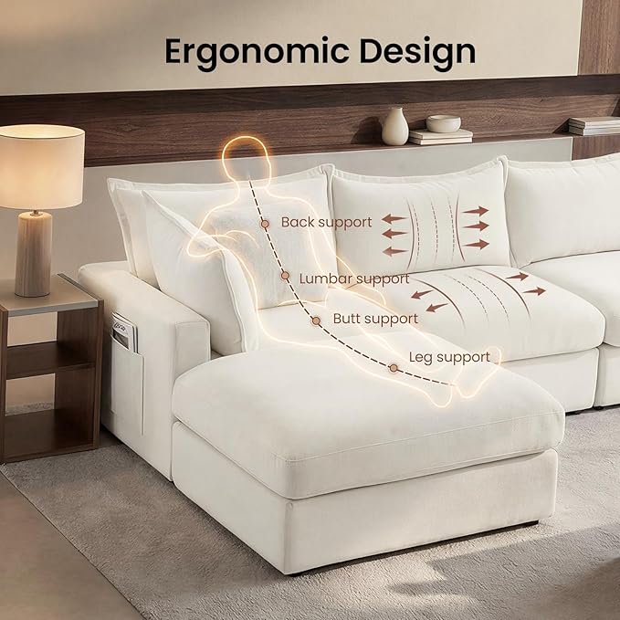 118.5 U Shaped Down Filled Couch Chenille Modular Sectional Sofa with 2 Storage Ottoman 3 Seater Sectional Couch with Deep Seat Mordern Sectional Couches for Living Room Beige