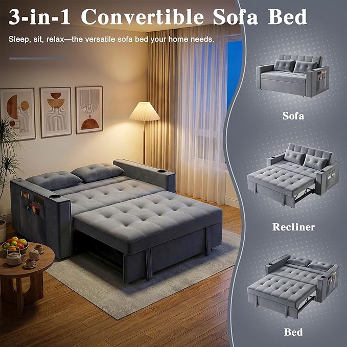 70 Convertible Sofa Couch 3-in-1 Pull Out Sleepers Sofa Bed with Charging Station Cup Holders &amp Side Pocket Adjustable Backrest Folding Loveseat Floor Couch for Small Space Living Room Apartmen