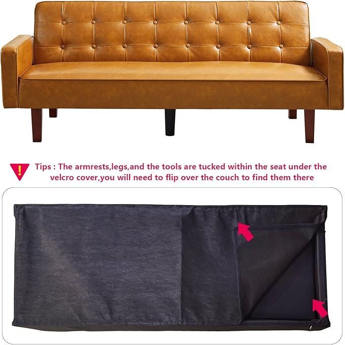 mikibama PU Futon Sofa Couch for Living Room Convertible Faux Leather Upholstered Futon Sleeper Sofa Bed Channel Tufted Bedroom Futons with Solid Wood Legs for Small Spaces