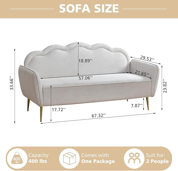 VELOCAVA 67 Loveseat Sofa Modern 2-Seater Upholstered Couch with Linen-Textured Fabric Curved Scalloped Back 7.87 Raised Legs for Living Room Apartment or Bedroom Beige