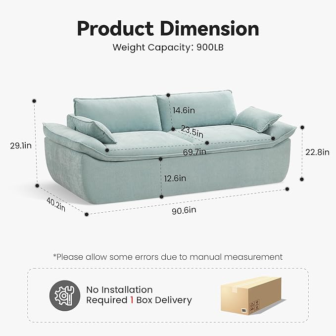 89 Cloud Boneless Loveseat Sofa Couch Deep Seat Love Seat Sofa with Lumbar Pillow 2-Seater Compressed Couches for Living Room Chenille Blue